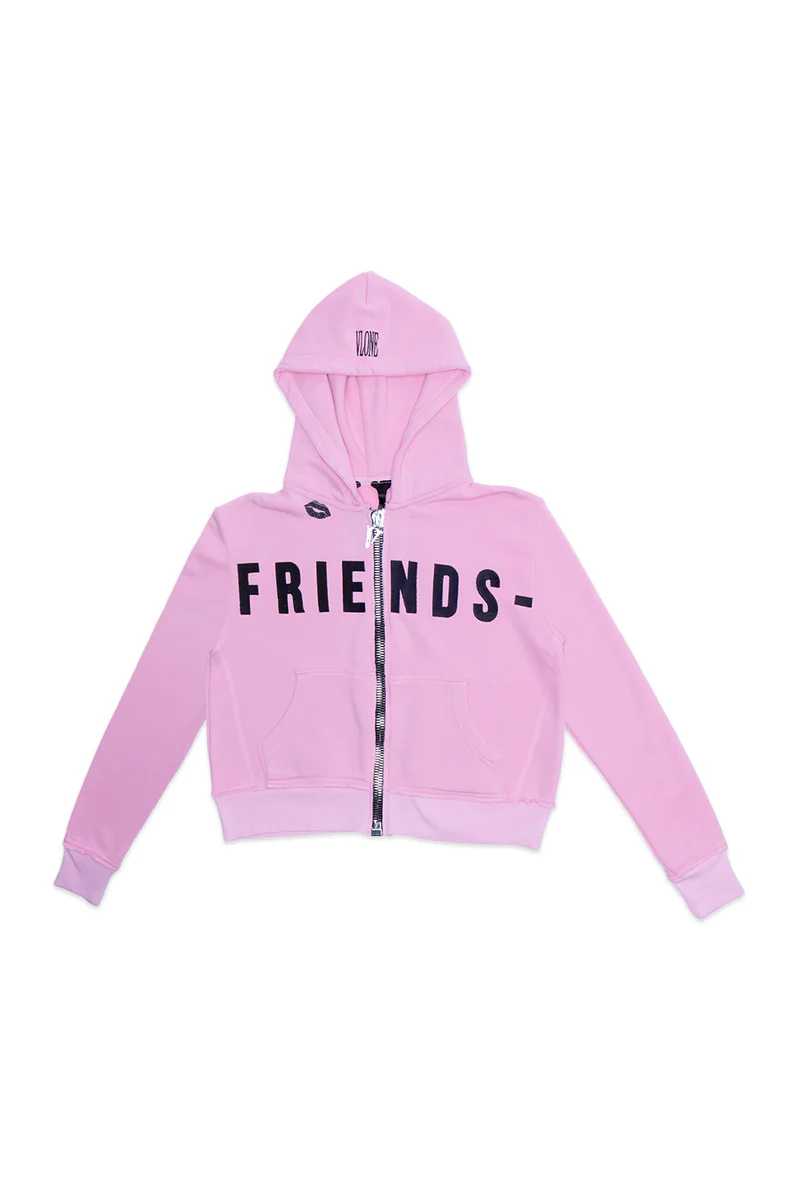 BLACK LIPSTICK FRIENDS- EMBROIDERED CROP TOP ZIP UP HOODIE (Pink) BLACK LIPSTICK FRIENDS- EMBROIDERED CROP TOP ZIP UP HOODIE (Pink)